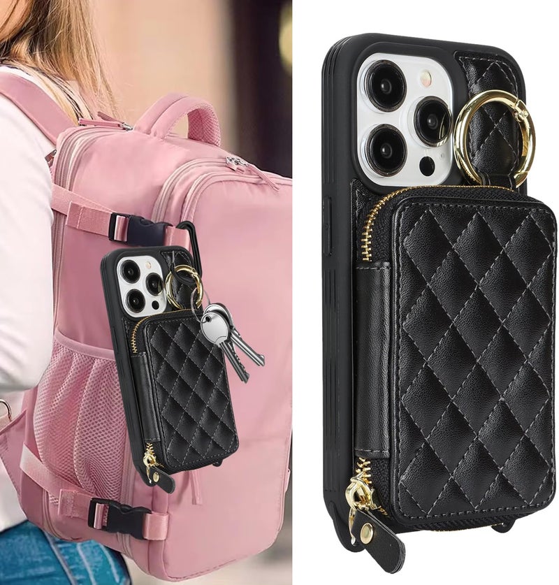 Hamany Crossbody Wallet Case for iPhone 14 Pro, PU Leather Zipper Handbag Purse Flip Cover, Kickstand Folio Case with Card Slots Holder Wrist Strap Lanyard 5G 6.1 Inch-Black - Image 3